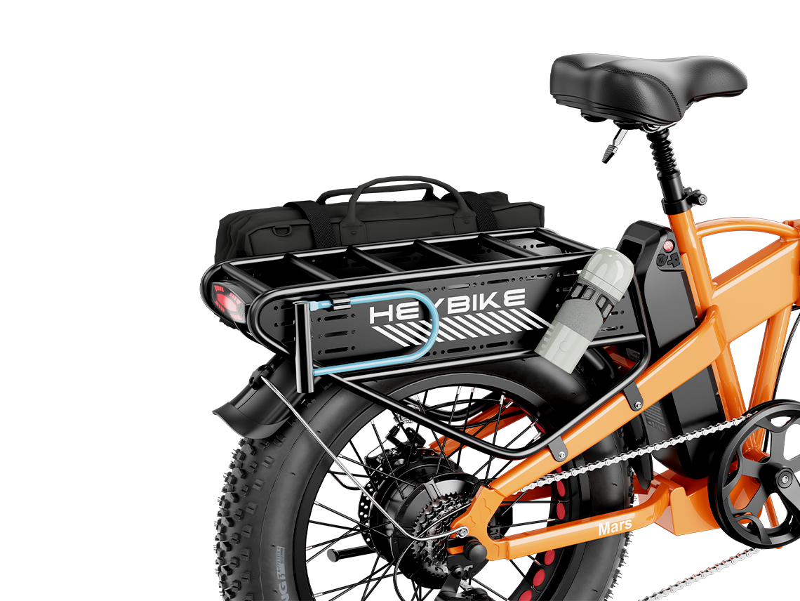 Heybike Mars 2.0 folding fat-tire commuter e-bike with 20 by 4 inch fat tires, 750W or 1000W rear hub motor, 600Wh removable battery, spring fork, 7-speed Shimano, rear rack, UL 2849 certified, four-color option matrix