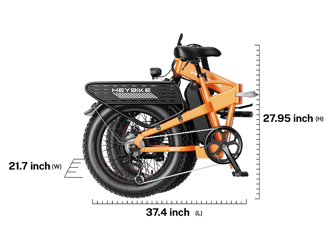 Heybike Mars 2.0 folding fat-tire commuter e-bike with 20 by 4 inch fat tires, 750W or 1000W rear hub motor, 600Wh removable battery, spring fork, 7-speed Shimano, rear rack, UL 2849 certified, four-color option matrix