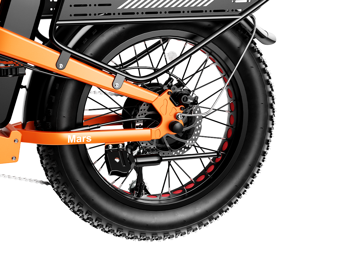 Heybike Mars 2.0 folding fat-tire commuter e-bike with 20 by 4 inch fat tires, 750W or 1000W rear hub motor, 600Wh removable battery, spring fork, 7-speed Shimano, rear rack, UL 2849 certified, four-color option matrix
