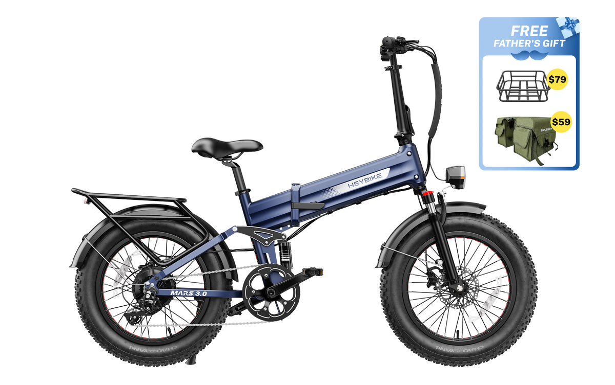 Heybike Mars 3.0 3.0-generation folding fat-tire e-bike: 750W (1400W peak) hub motor with 95 Nm torque, torque sensor PAS, 624Wh battery, 20x4 fat tires, hydraulic disc brakes, Horst Link rear suspension, NFC Tap and Go, integrated turn signals, Shimano Altus 8-speed, UL 2849