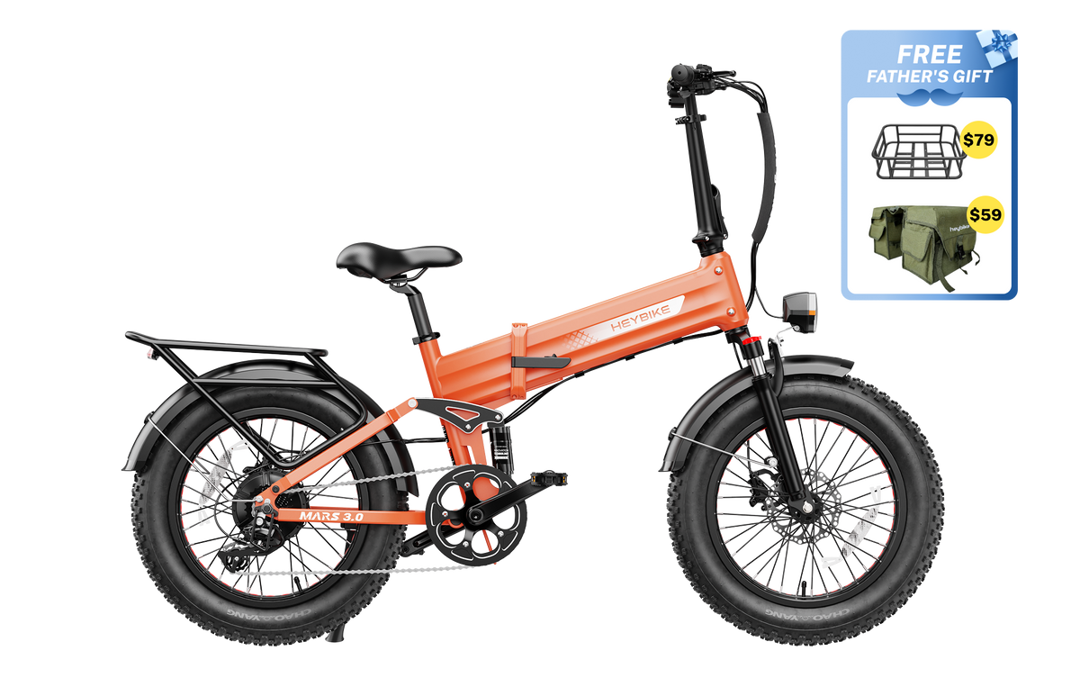 Heybike Mars 3.0 3.0-generation folding fat-tire e-bike: 750W (1400W peak) hub motor with 95 Nm torque, torque sensor PAS, 624Wh battery, 20x4 fat tires, hydraulic disc brakes, Horst Link rear suspension, NFC Tap and Go, integrated turn signals, Shimano Altus 8-speed, UL 2849