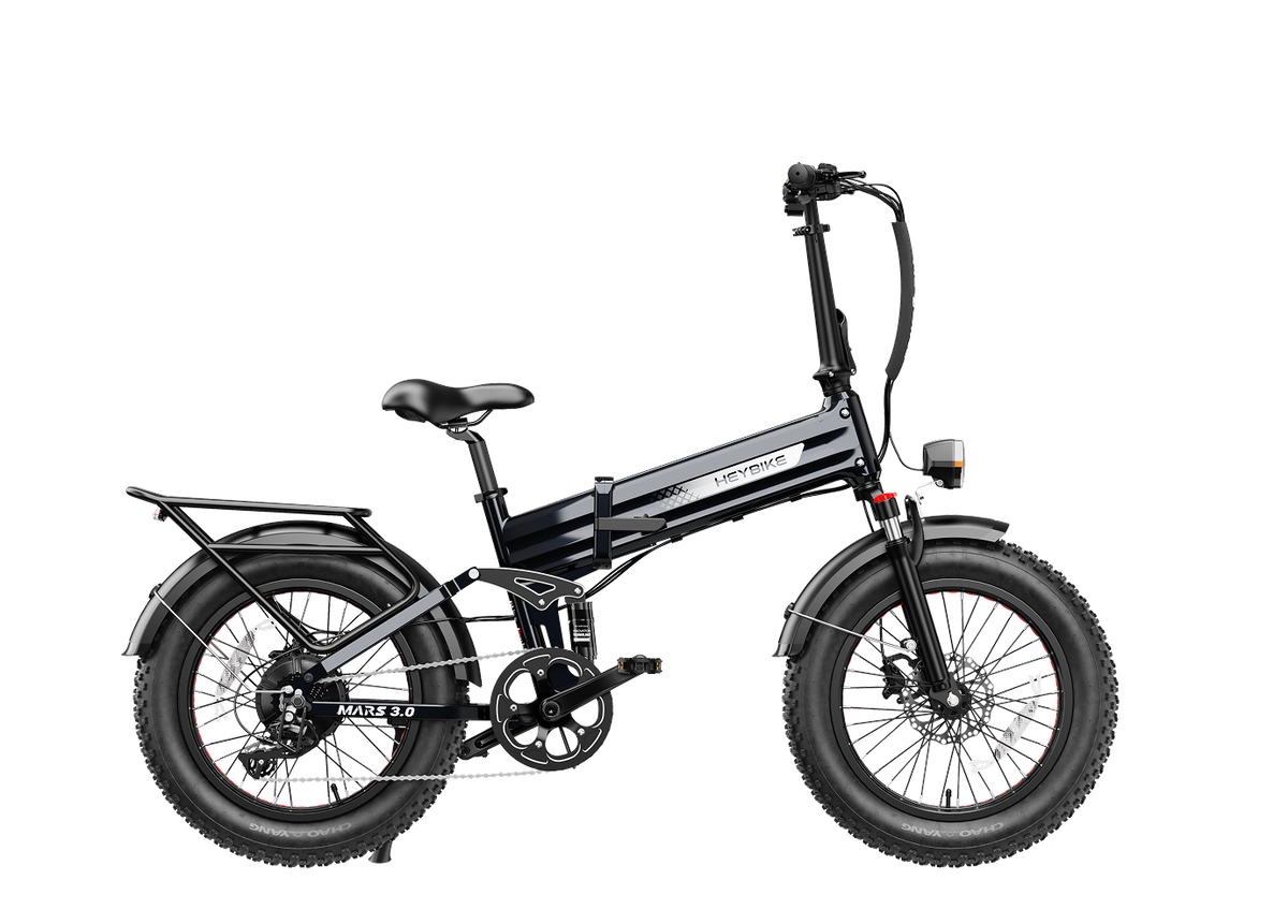 Heybike Mars 3.0 3.0-generation folding fat-tire e-bike: 750W (1400W peak) hub motor with 95 Nm torque, torque sensor PAS, 624Wh battery, 20x4 fat tires, hydraulic disc brakes, Horst Link rear suspension, NFC Tap and Go, integrated turn signals, Shimano Altus 8-speed, UL 2849