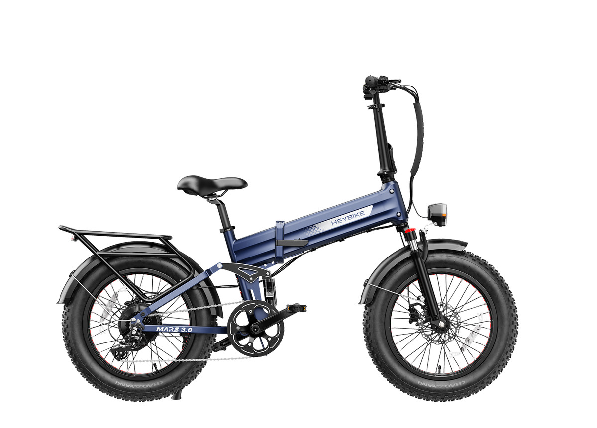 Heybike Mars 3.0 3.0-generation folding fat-tire e-bike: 750W (1400W peak) hub motor with 95 Nm torque, torque sensor PAS, 624Wh battery, 20x4 fat tires, hydraulic disc brakes, Horst Link rear suspension, NFC Tap and Go, integrated turn signals, Shimano Altus 8-speed, UL 2849