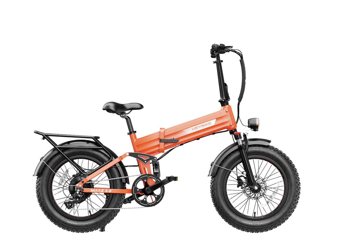 Heybike Mars 3.0 3.0-generation folding fat-tire e-bike: 750W (1400W peak) hub motor with 95 Nm torque, torque sensor PAS, 624Wh battery, 20x4 fat tires, hydraulic disc brakes, Horst Link rear suspension, NFC Tap and Go, integrated turn signals, Shimano Altus 8-speed, UL 2849