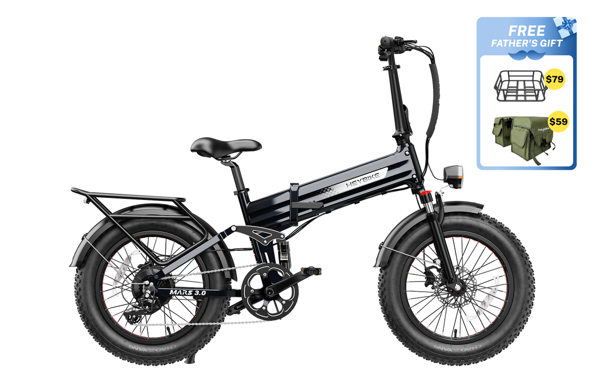 Heybike Mars 3.0 3.0-generation folding fat-tire e-bike: 750W (1400W peak) hub motor with 95 Nm torque, torque sensor PAS, 624Wh battery, 20x4 fat tires, hydraulic disc brakes, Horst Link rear suspension, NFC Tap and Go, integrated turn signals, Shimano Altus 8-speed, UL 2849