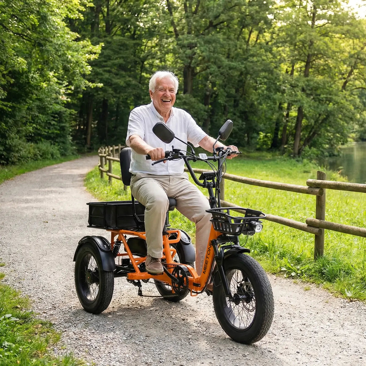 Meet One Breeze 2.0 folding full-suspension semi-recumbent electric trike: 750W rear motor, 18-inch fat tires, carbon steel frame, parking brake, reverse mode, UL 2849 certified by SGS, 450 lb max load