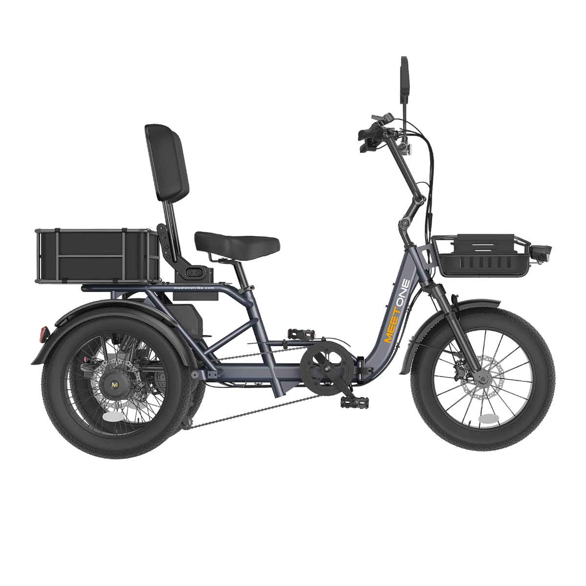 Meet One Breeze 2.0 folding full-suspension semi-recumbent electric trike: 750W rear motor, 18-inch fat tires, carbon steel frame, parking brake, reverse mode, UL 2849 certified by SGS, 450 lb max load