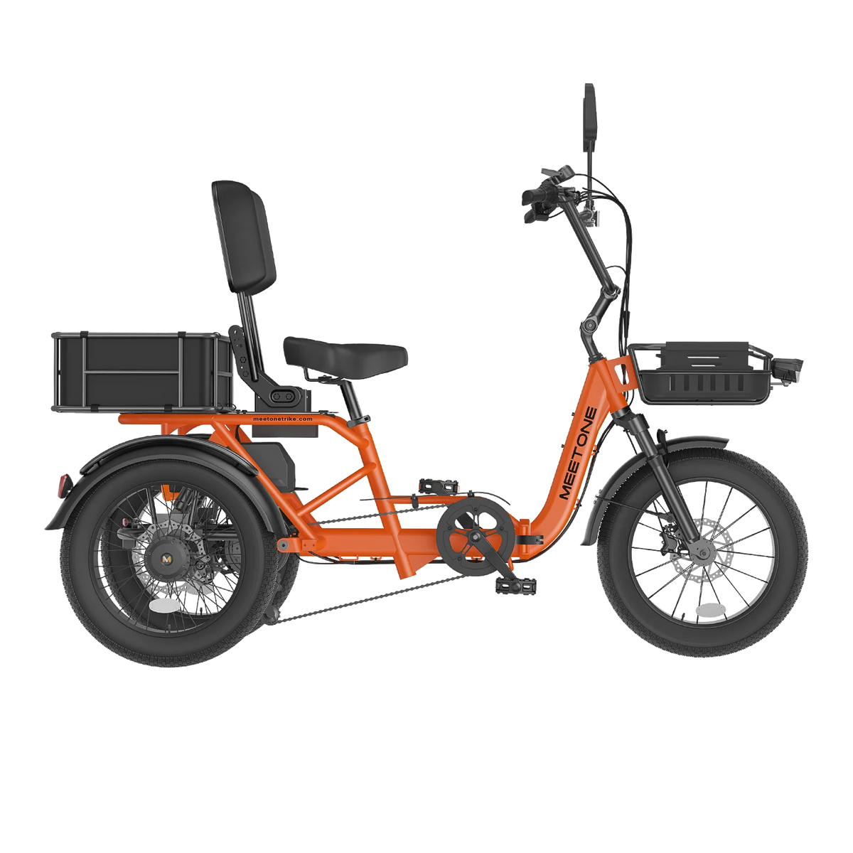 Meet One Breeze 2.0 folding full-suspension semi-recumbent electric trike: 750W rear motor, 18-inch fat tires, carbon steel frame, parking brake, reverse mode, UL 2849 certified by SGS, 450 lb max load