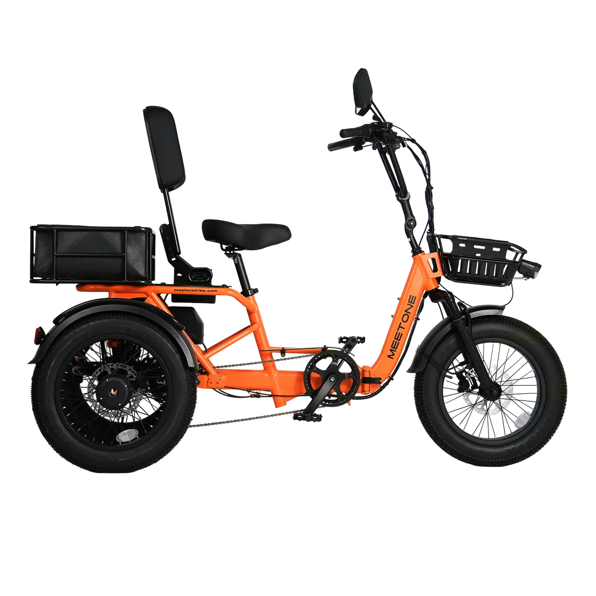Meet One Breeze 2.0 folding full-suspension semi-recumbent electric trike: 750W rear motor, 18-inch fat tires, carbon steel frame, parking brake, reverse mode, UL 2849 certified by SGS, 450 lb max load