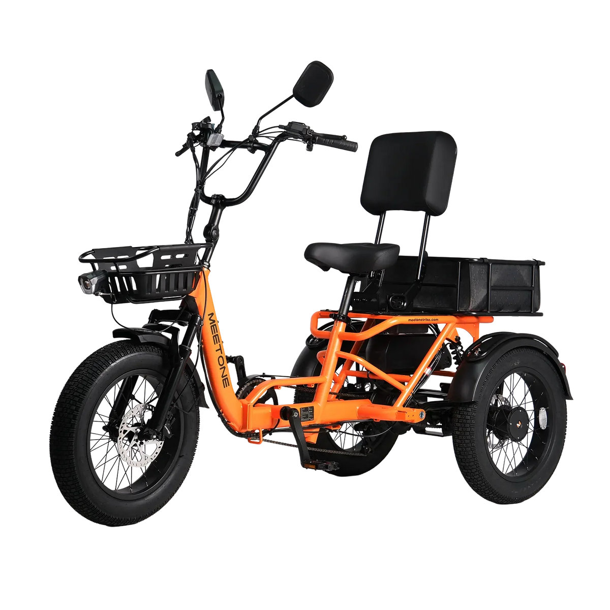 Meet One Breeze 2.0 folding full-suspension semi-recumbent electric trike: 750W rear motor, 18-inch fat tires, carbon steel frame, parking brake, reverse mode, UL 2849 certified by SGS, 450 lb max load
