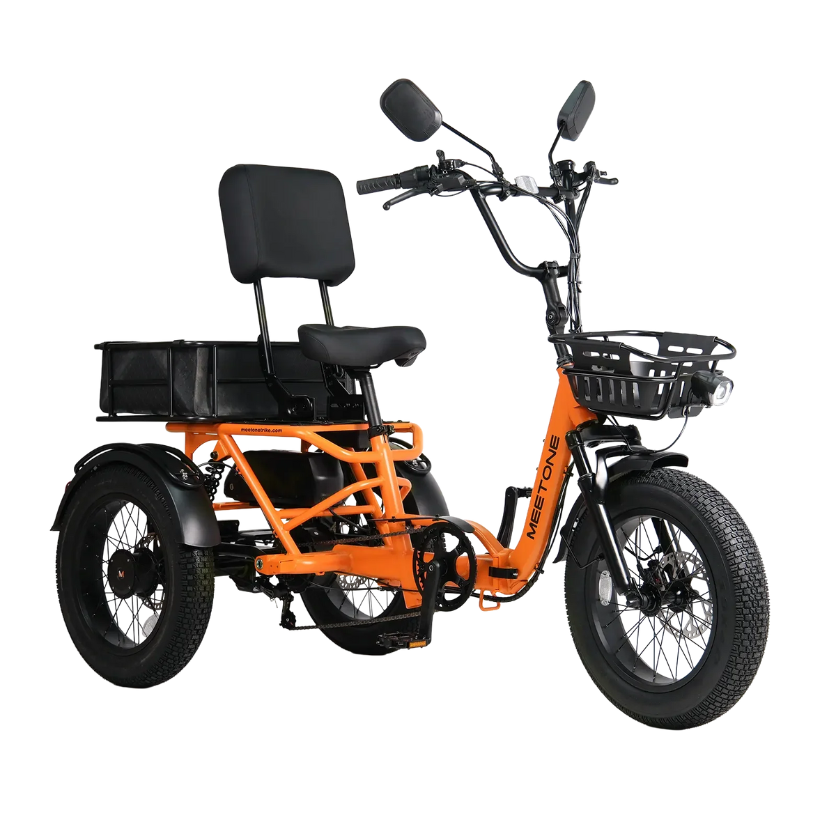 Meet One Breeze 2.0 folding full-suspension semi-recumbent electric trike: 750W rear motor, 18-inch fat tires, carbon steel frame, parking brake, reverse mode, UL 2849 certified by SGS, 450 lb max load