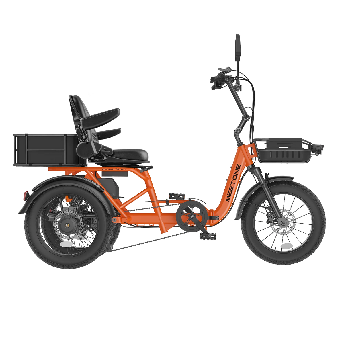 Meet One Breeze 2.0 folding full-suspension semi-recumbent electric trike: 750W rear motor, 18-inch fat tires, carbon steel frame, parking brake, reverse mode, UL 2849 certified by SGS, 450 lb max load