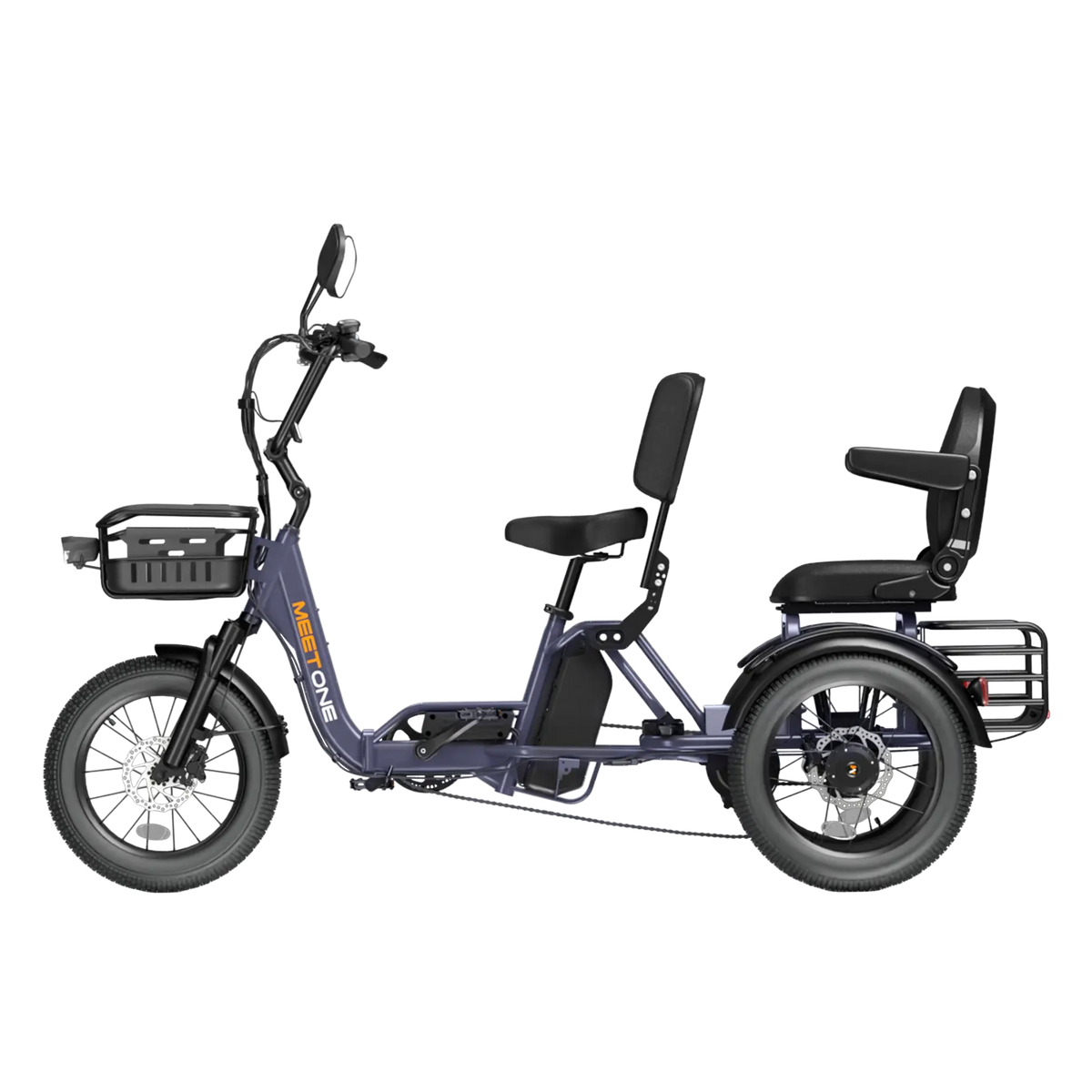 Side profile of the Deep Sea Meet One Pair showing the tandem two-seat layout with both backrests, the long frame, the front basket, the rear cargo platform, and the semi-recumbent seating geometry