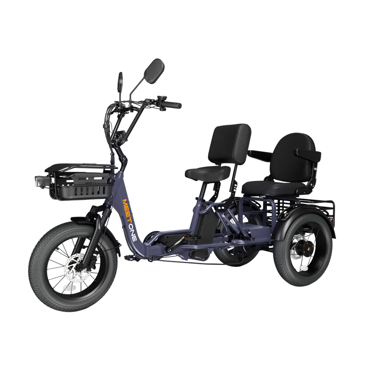 Top-down studio view of the Meet One Pair showing the seating layout (front saddle, rear passenger seat), front basket, rear cargo platform, and 18-inch wheels