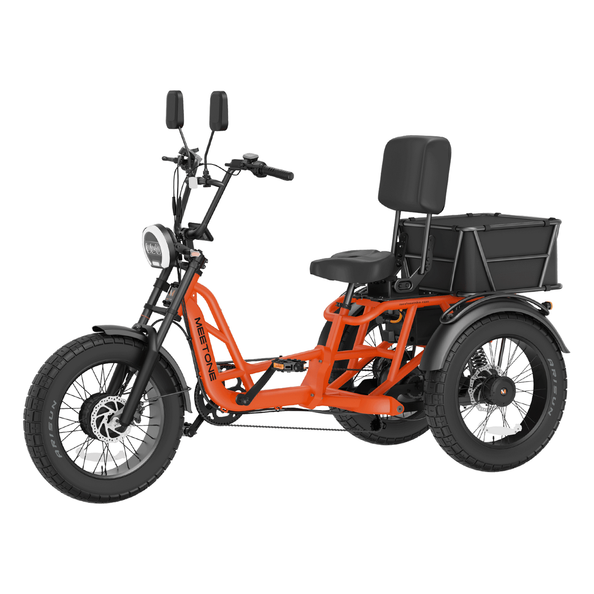 Rear three-quarter studio view of the Gray Meet One Tour 2.0 showing the dual rear motors, the differential rear axle, and the rear cargo basket