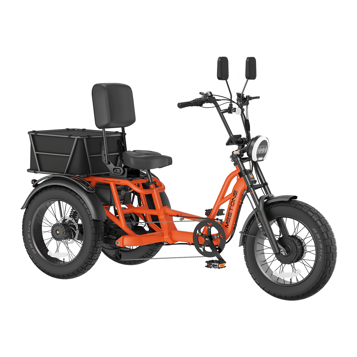 Front three-quarter studio view of the Orange Meet One Tour 2.0 showing the round LED headlight, dual-shoulder front fork, hydraulic front disc brake, color LCD display, and the recumbent saddle layout with backrest