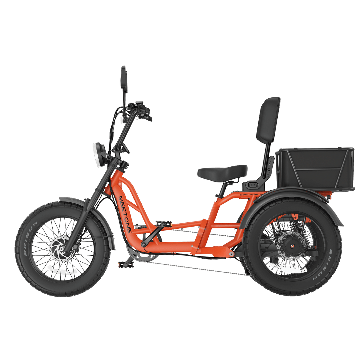 Rear three-quarter studio view of the Orange Meet One Tour 2.0 showing the dual rear motors, the rear cargo basket, the backrest, and the rear suspension