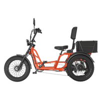 Rear three-quarter studio view of the Orange Meet One Tour 2.0 showing the dual rear motors, the rear cargo basket, the backrest, and the rear suspension