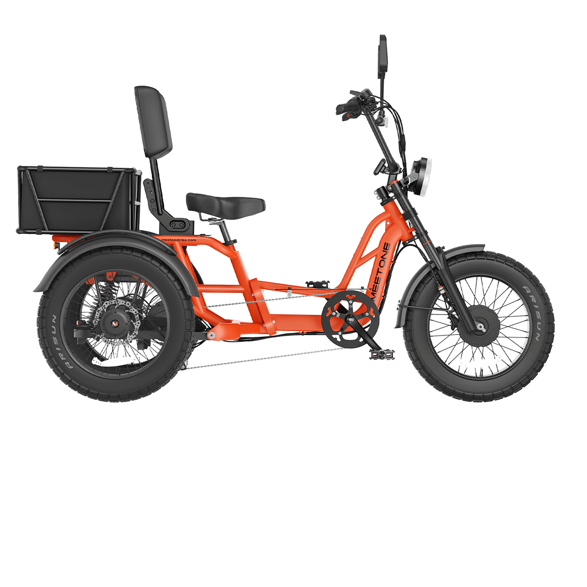 Side profile of the Orange Meet One Tour 2.0 showing the full semi-recumbent geometry, the seat position, the rear cargo basket, the chain, and the differential rear axle