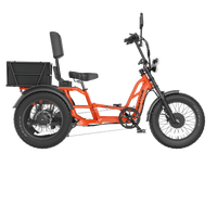 Side profile of the Orange Meet One Tour 2.0 showing the full semi-recumbent geometry, the seat position, the rear cargo basket, the chain, and the differential rear axle