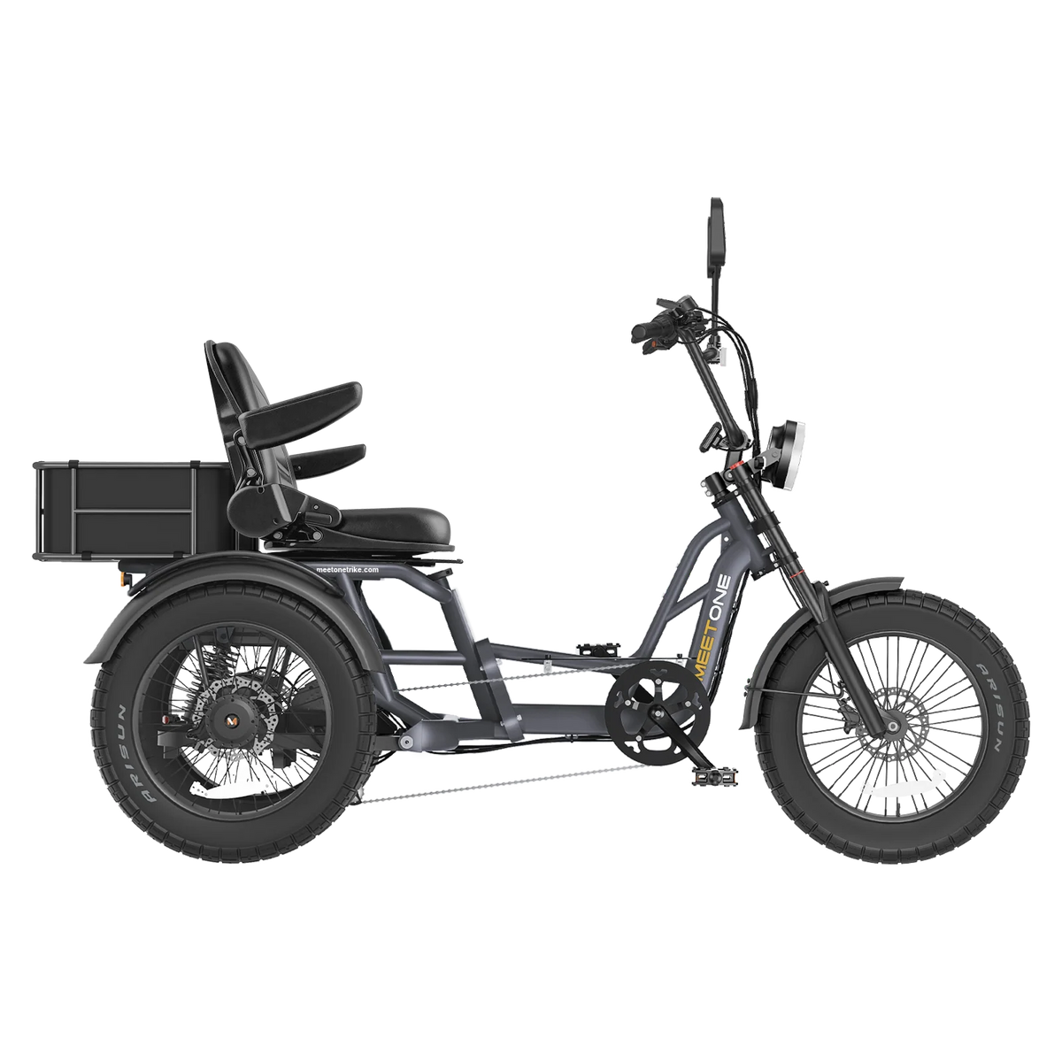 Meet One Tour Lite 2.0 full-suspension semi-recumbent electric trike with 750W rear motor, 48V 20Ah LG battery (with optional dual-battery upgrade), triple hydraulic disc brakes on all three wheels, 20 by 4.0 inch all-terrain fat tires, reinforced one-piece 6061 aluminum frame, large backrest seat, rear cargo basket, Yolin color LCD display, integrated lighting with brake-light integration, reverse mode, parking brake, 550 lb maximum load capacity, UL 2271 and UL 2849 certified by SGS