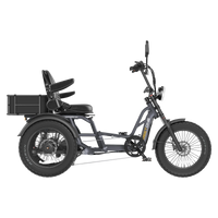 Meet One Tour Lite 2.0 full-suspension semi-recumbent electric trike with 750W rear motor, 48V 20Ah LG battery (with optional dual-battery upgrade), triple hydraulic disc brakes on all three wheels, 20 by 4.0 inch all-terrain fat tires, reinforced one-piece 6061 aluminum frame, large backrest seat, rear cargo basket, Yolin color LCD display, integrated lighting with brake-light integration, reverse mode, parking brake, 550 lb maximum load capacity, UL 2271 and UL 2849 certified by SGS