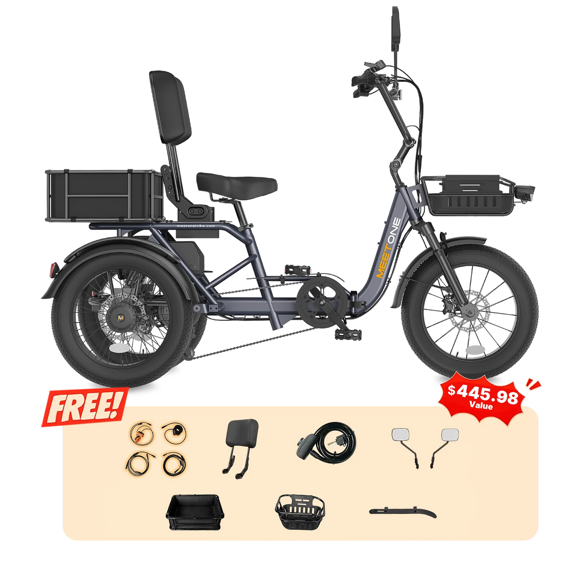 Meet One Breeze 2.0 folding full-suspension semi-recumbent electric trike: 750W rear motor, 18-inch fat tires, carbon steel frame, parking brake, reverse mode, UL 2849 certified by SGS, 450 lb max load