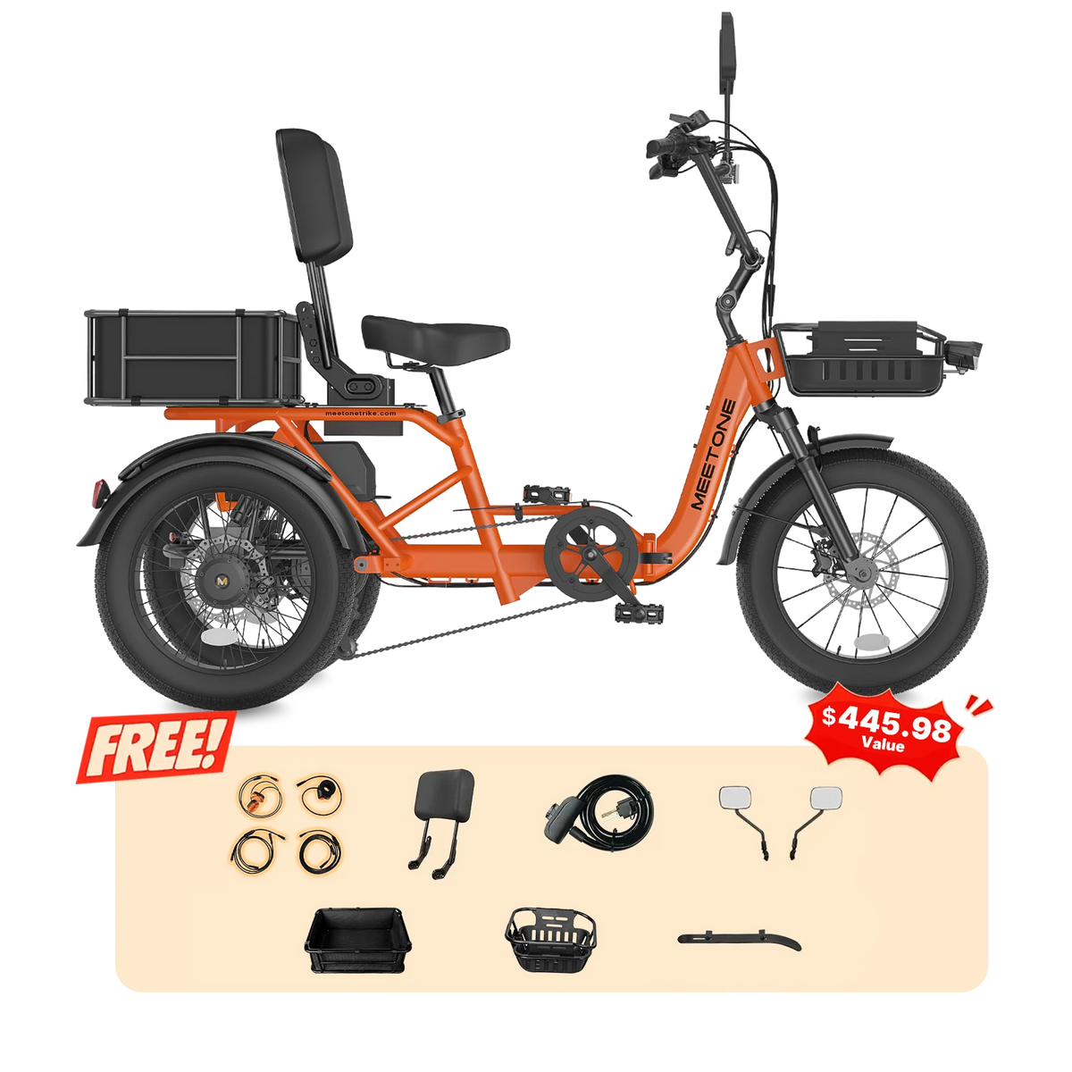 Meet One Breeze Pro 2.0 orange folding electric trike side profile with basket accessories and comfort options shown below.
