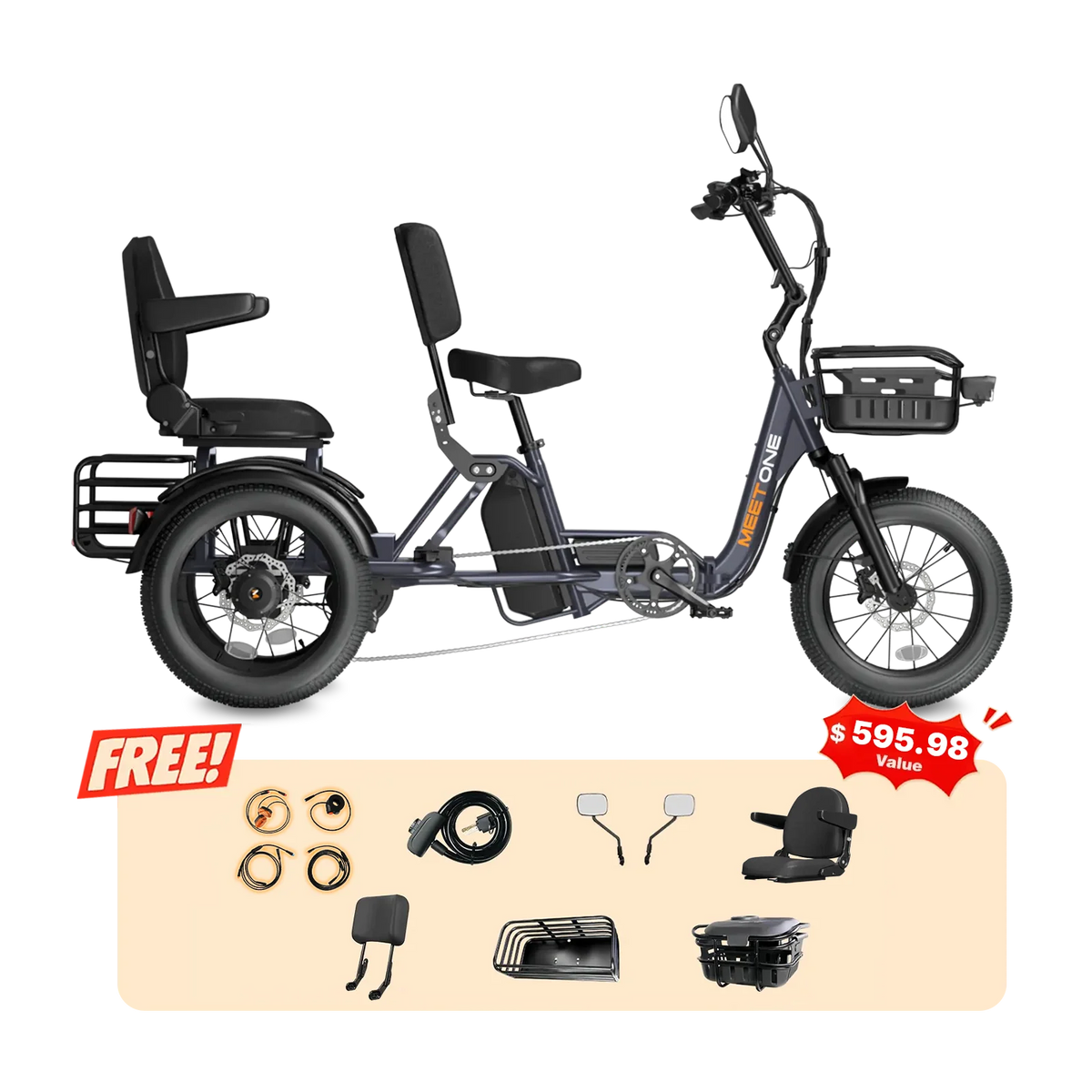 Deep Sea blue Meet One Pair electric trike with two backrest seats, front basket, rear cargo basket, and 18-inch fat tires, shown above the included accessory bundle (mirrors, locks, reflectors, helmet kit, basket lining) with a $595.98 value call-out