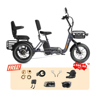Deep Sea blue Meet One Pair electric trike with two backrest seats, front basket, rear cargo basket, and 18-inch fat tires, shown above the included accessory bundle (mirrors, locks, reflectors, helmet kit, basket lining) with a $595.98 value call-out