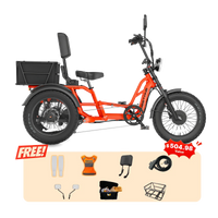 Orange Meet One Tour 2.0 semi-recumbent electric trike with brown saddle, rear cargo basket, dual-shoulder front fork, fat tires, and dual rear motors, shown above the included free-gear accessory bundle (mirrors, leg covers, safety vest, backrest, helmet horn, toolkit, basket lining) with a $504.98 value call-out