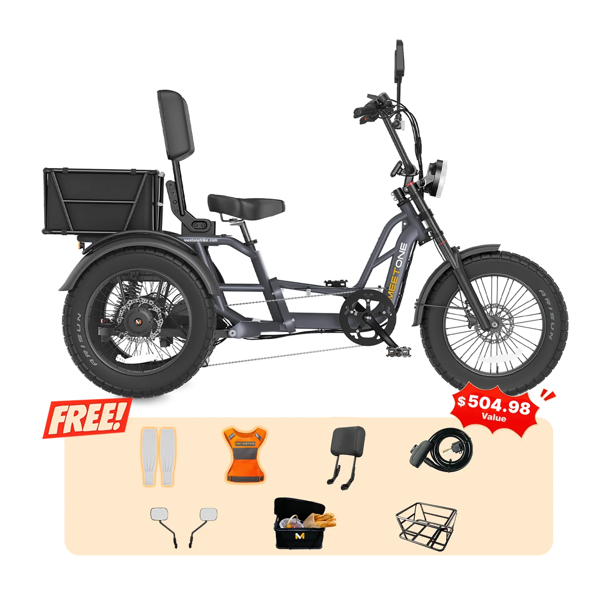 Meet One Tour Lite 2.0 full-suspension semi-recumbent electric trike with 750W rear motor, 48V 20Ah LG battery (with optional dual-battery upgrade), triple hydraulic disc brakes on all three wheels, 20 by 4.0 inch all-terrain fat tires, reinforced one-piece 6061 aluminum frame, large backrest seat, rear cargo basket, Yolin color LCD display, integrated lighting with brake-light integration, reverse mode, parking brake, 550 lb maximum load capacity, UL 2271 and UL 2849 certified by SGS