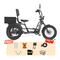 Meet One Tour Lite 2.0 full-suspension semi-recumbent electric trike with 750W rear motor, 48V 20Ah LG battery (with optional dual-battery upgrade), triple hydraulic disc brakes on all three wheels, 20 by 4.0 inch all-terrain fat tires, reinforced one-piece 6061 aluminum frame, large backrest seat, rear cargo basket, Yolin color LCD display, integrated lighting with brake-light integration, reverse mode, parking brake, 550 lb maximum load capacity, UL 2271 and UL 2849 certified by SGS