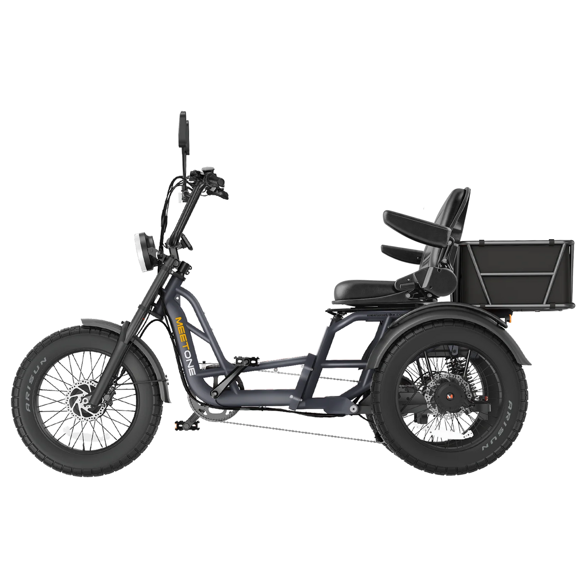 Side profile of the Gray Meet One Tour 2.0 with the Premium Seat upgrade installed, showing the wider seat with armrests and the deeper backrest paired with the rear-platform Standard Seat