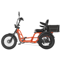 Side profile of the Orange Meet One Tour 2.0 with the Premium Seat upgrade installed, showing the wider seat with armrests and the deeper backrest paired with the rear-platform Standard Seat for a second rider or cargo