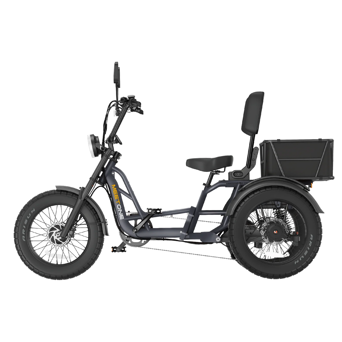 Side profile of the Gray Meet One Tour 2.0 in studio view, showing the same semi-recumbent geometry, fat tires, rear cargo basket, and front suspension as the orange variant