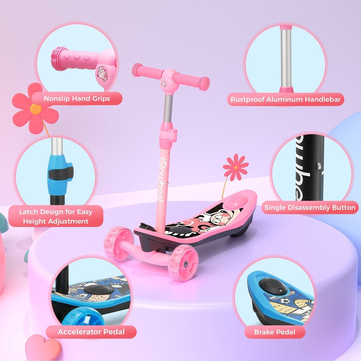 Pink isinwheel Mini Long Range side view with the adjustable handlebar stem and the deck graphic visible