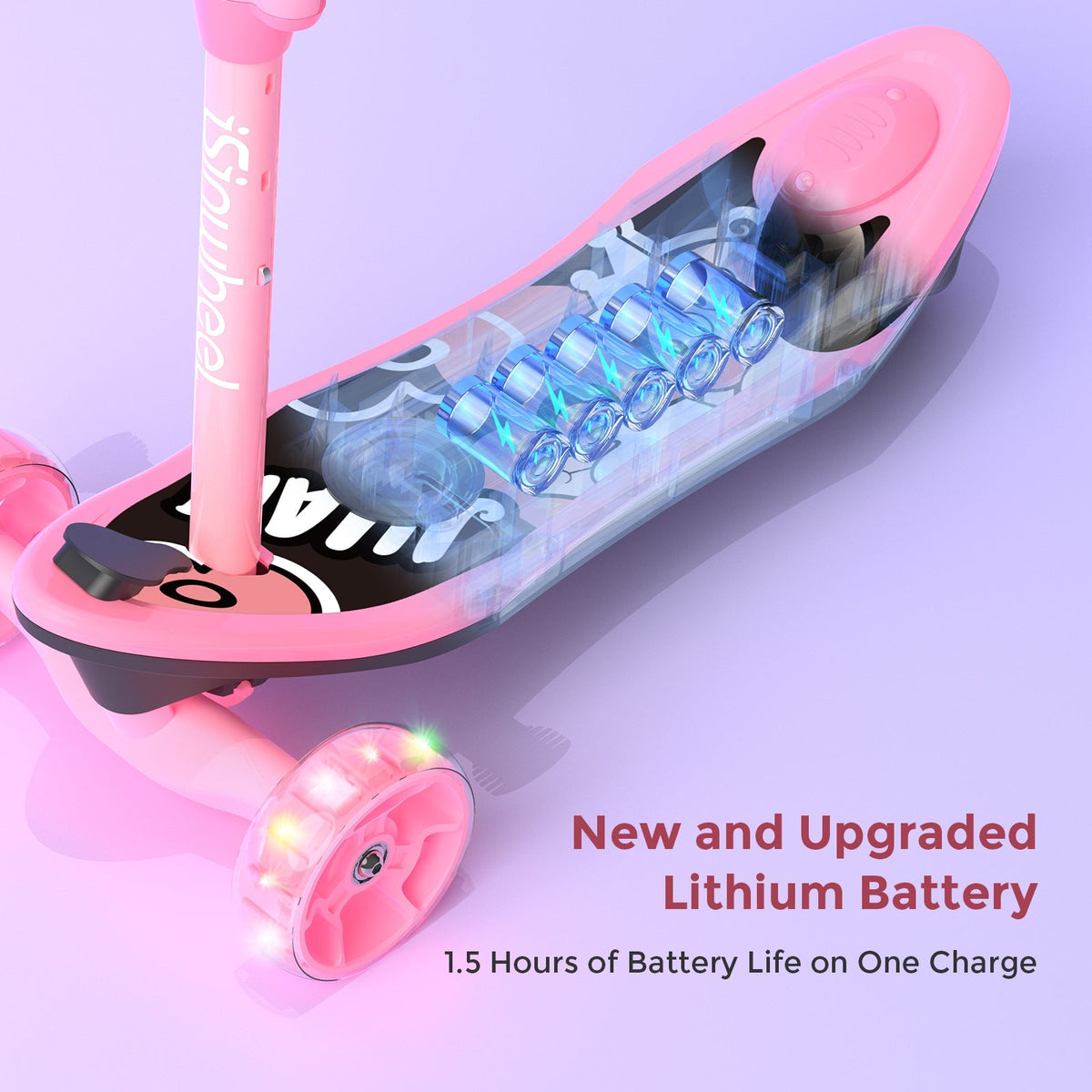 isinwheel Mini Long Range lithium battery feature graphic showing the internal battery cells in the pink deck and a caption noting about 1.5 hours of battery life per charge