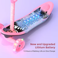 isinwheel Mini Long Range lithium battery feature graphic showing the internal battery cells in the pink deck and a caption noting about 1.5 hours of battery life per charge