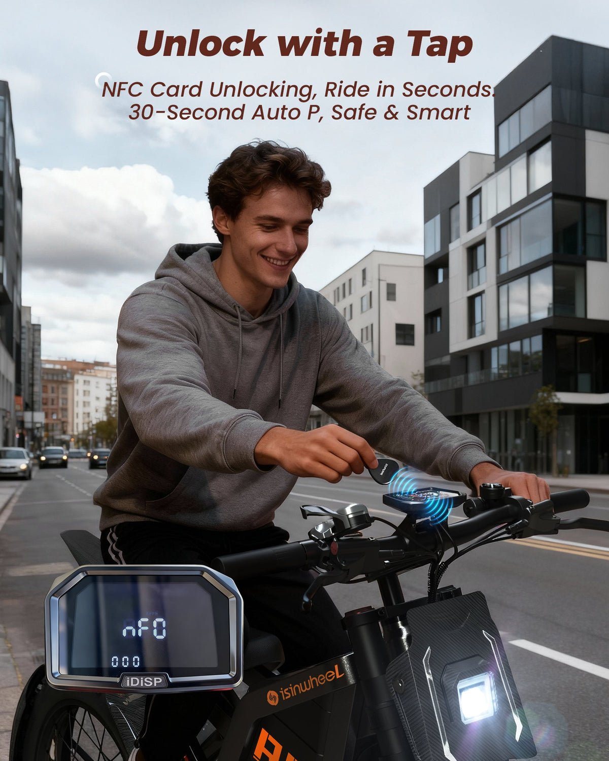 isinwheel R8 NFC unlock graphic showing a rider tapping a card near the cockpit display for keyless start.