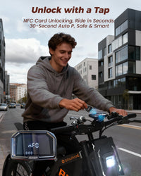 isinwheel R8 NFC unlock graphic showing a rider tapping a card near the cockpit display for keyless start.
