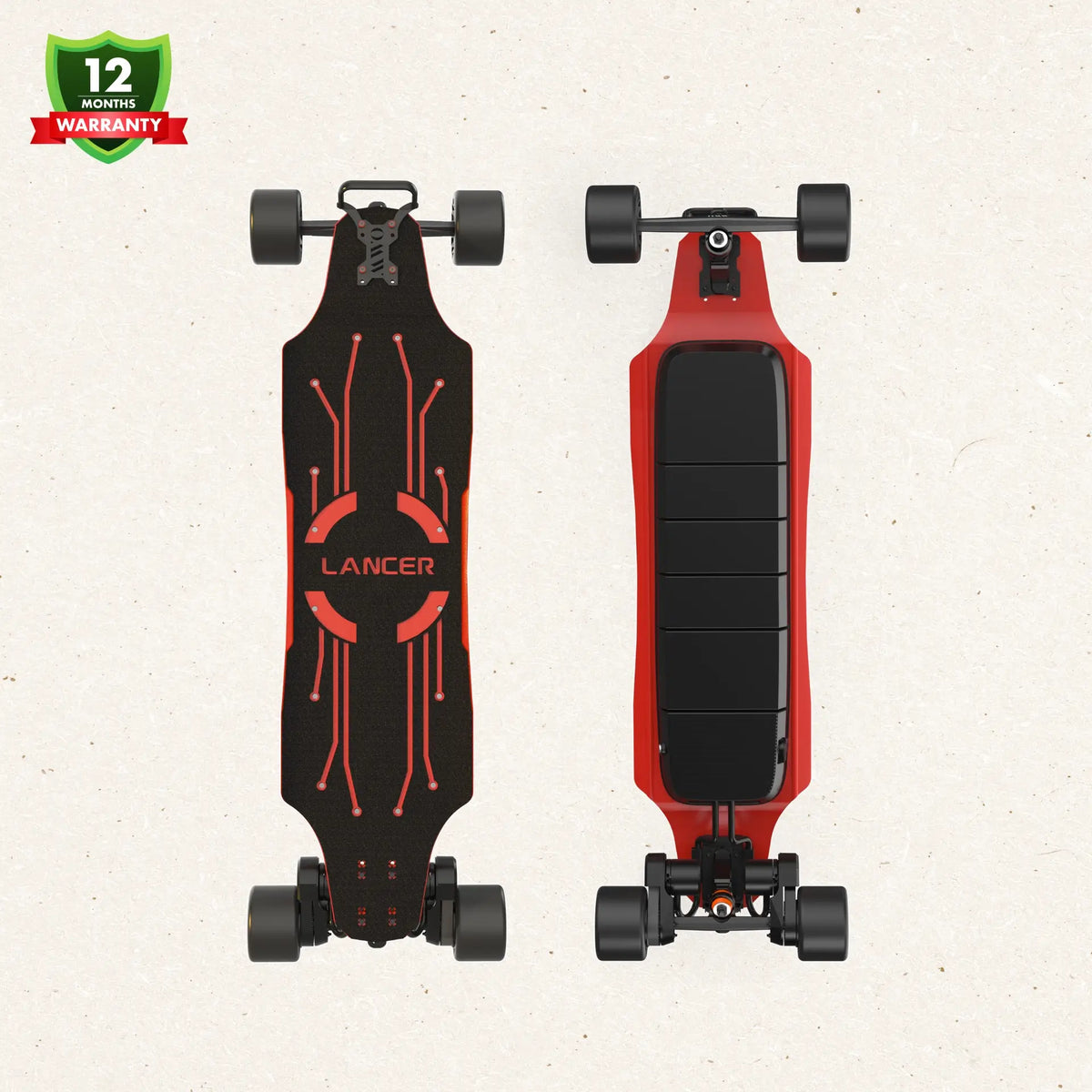 OMW Lancer electric skateboard black and red hero view