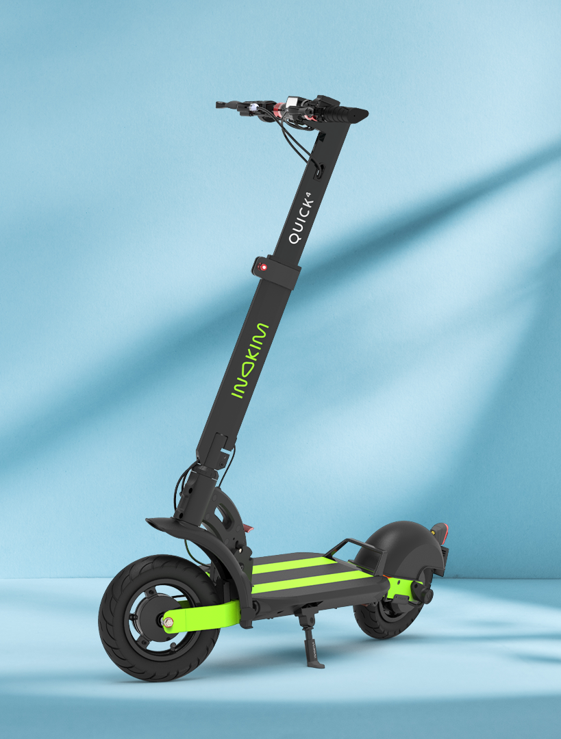 INOKIM Quick 4 Super folding electric scooter with 10 inch pneumatic tires and adjustable suspension for city commuting.