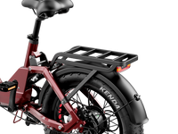 Heybike Ranger 3.0 Pro folding fat-tire electric bike with 750W rated rear-hub motor, KENDA 20 by 4 inch fat tires with puncture protection, hydraulic disc brakes, Shimano Altus 8-speed gearing, hydroformed aluminum folding frame, hydraulic front suspension, TFT color display, NFC Tap & Go unlocking, integrated turn signals, available in Ruby Red, Sapphire Blue, or Emerald Green