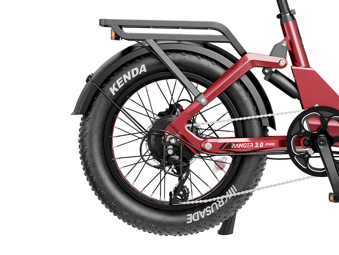 Heybike Ranger 3.0 Pro folding fat-tire electric bike with 750W rated rear-hub motor, KENDA 20 by 4 inch fat tires with puncture protection, hydraulic disc brakes, Shimano Altus 8-speed gearing, hydroformed aluminum folding frame, hydraulic front suspension, TFT color display, NFC Tap & Go unlocking, integrated turn signals, available in Ruby Red, Sapphire Blue, or Emerald Green