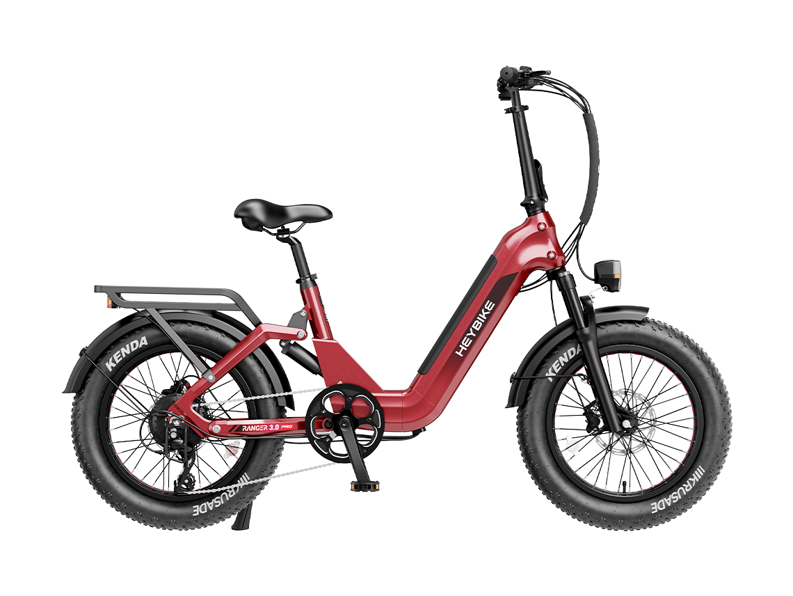 Heybike Ranger 3.0 Pro folding fat-tire electric bike with 750W rated rear-hub motor, KENDA 20 by 4 inch fat tires with puncture protection, hydraulic disc brakes, Shimano Altus 8-speed gearing, hydroformed aluminum folding frame, hydraulic front suspension, TFT color display, NFC Tap & Go unlocking, integrated turn signals, available in Ruby Red, Sapphire Blue, or Emerald Green