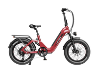 Heybike Ranger 3.0 Pro folding fat-tire electric bike with 750W rated rear-hub motor, KENDA 20 by 4 inch fat tires with puncture protection, hydraulic disc brakes, Shimano Altus 8-speed gearing, hydroformed aluminum folding frame, hydraulic front suspension, TFT color display, NFC Tap & Go unlocking, integrated turn signals, available in Ruby Red, Sapphire Blue, or Emerald Green