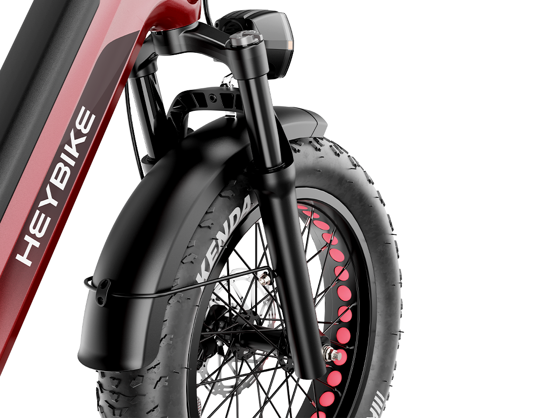 Heybike Ranger 3.0 Pro folding fat-tire electric bike with 750W rated rear-hub motor, KENDA 20 by 4 inch fat tires with puncture protection, hydraulic disc brakes, Shimano Altus 8-speed gearing, hydroformed aluminum folding frame, hydraulic front suspension, TFT color display, NFC Tap & Go unlocking, integrated turn signals, available in Ruby Red, Sapphire Blue, or Emerald Green