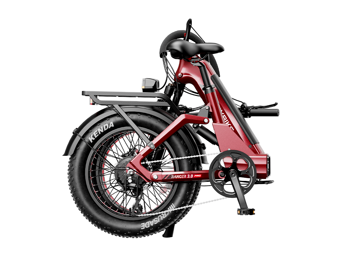 Heybike Ranger 3.0 Pro folding fat-tire electric bike with 750W rated rear-hub motor, KENDA 20 by 4 inch fat tires with puncture protection, hydraulic disc brakes, Shimano Altus 8-speed gearing, hydroformed aluminum folding frame, hydraulic front suspension, TFT color display, NFC Tap & Go unlocking, integrated turn signals, available in Ruby Red, Sapphire Blue, or Emerald Green