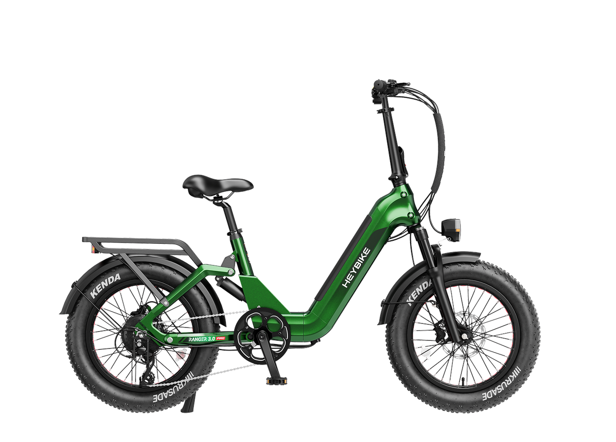 Heybike Ranger 3.0 Pro folding fat-tire electric bike with 750W rated rear-hub motor, KENDA 20 by 4 inch fat tires with puncture protection, hydraulic disc brakes, Shimano Altus 8-speed gearing, hydroformed aluminum folding frame, hydraulic front suspension, TFT color display, NFC Tap & Go unlocking, integrated turn signals, available in Ruby Red, Sapphire Blue, or Emerald Green